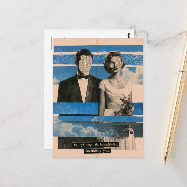 Surreal Bride and Groom Mixed Media Collage Postcard (Front/Back In Situ)