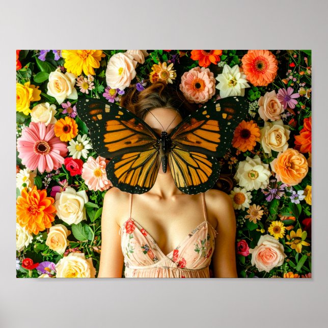 Surreal Butterfly Mask Woman in Floral Garden Poster (Front)