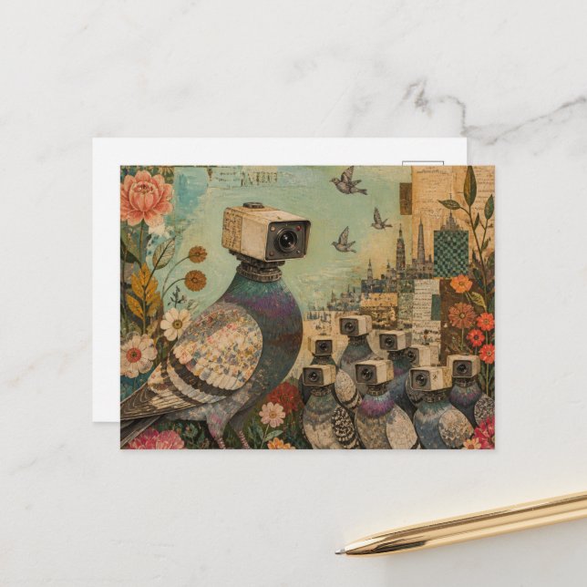 Surreal Camera Pigeons Postcard (Front/Back In Situ)