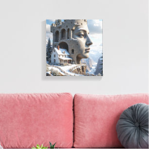 Surreal Castle Face in Snowy Mountains – Fantasy Canvas Print