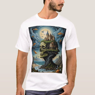 Surreal Castle Skull Fantasy T-Shirt Moonlit Ocean