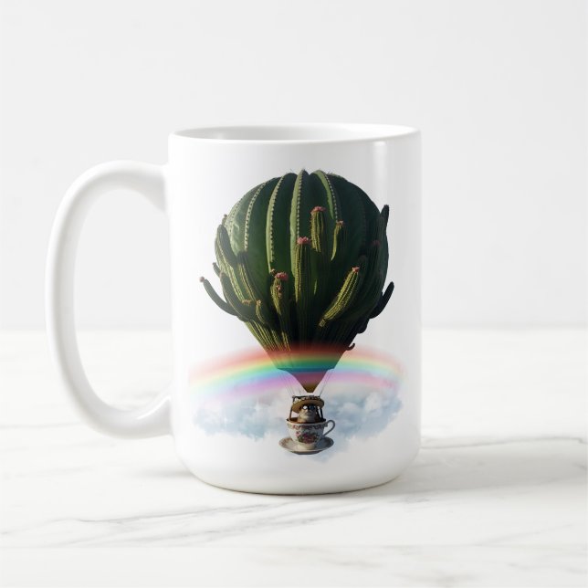 Surreal Cat Hot Air Balloon with Cactus & Rainbow Coffee Mug (Left)