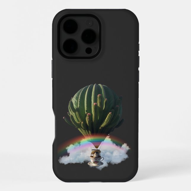 Surreal Cat Hot Air Balloon with Cactus & Rainbow iPhone Case (Back)