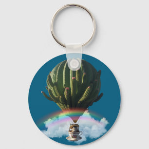 Surreal Cat Hot Air Balloon with Cactus & Rainbow Key Ring