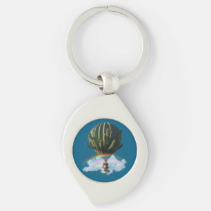 Surreal Cat Hot Air Balloon with Cactus & Rainbow Key Ring