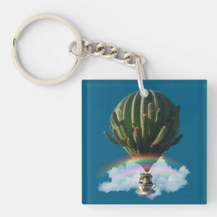 Surreal Cat Hot Air Balloon with Cactus & Rainbow Key Ring