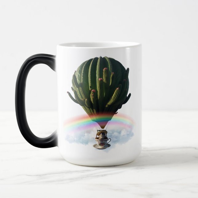 Surreal Cat Hot Air Balloon with Cactus & Rainbow Magic Mug (Left)