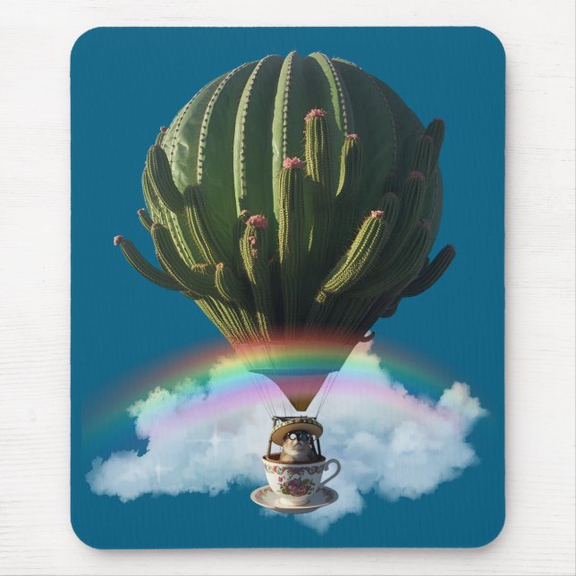 Surreal Cat Hot Air Balloon with Cactus & Rainbow Mouse Mat (Front)