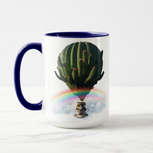 Surreal Cat Hot Air Balloon with Cactus & Rainbow Mug