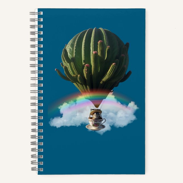 Surreal Cat Hot Air Balloon with Cactus & Rainbow Notebook (Front)