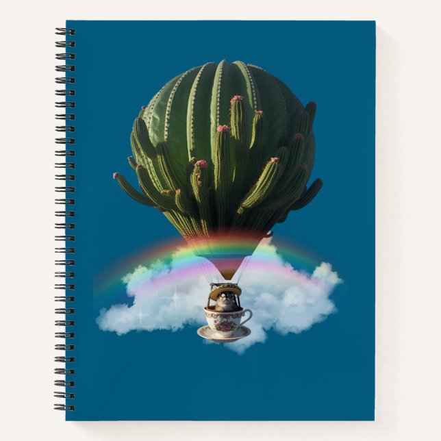 Surreal Cat Hot Air Balloon with Cactus & Rainbow Notebook (Front)