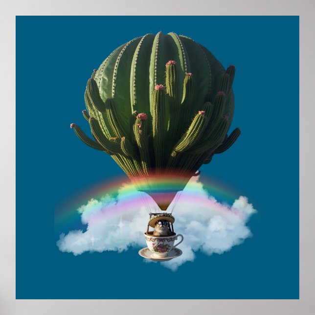 Surreal Cat Hot Air Balloon with Cactus & Rainbow Poster (Front)