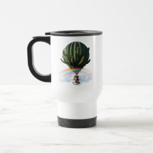 Surreal Cat Hot Air Balloon with Cactus & Rainbow Travel Mug