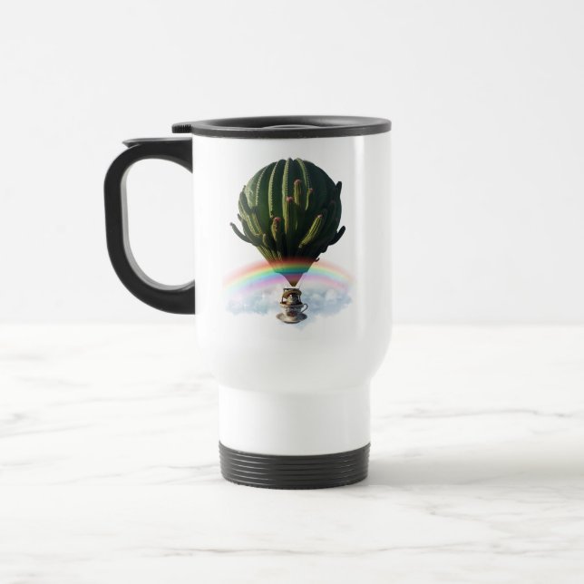 Surreal Cat Hot Air Balloon with Cactus & Rainbow Travel Mug (Left)