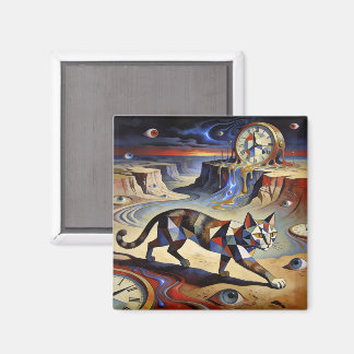 Surreal Cat Melting Clocks Dali Picasso Inspired Magnet