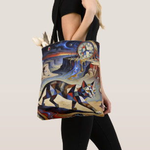 Surreal Cat Melting Clocks Dali Picasso Inspired Tote Bag