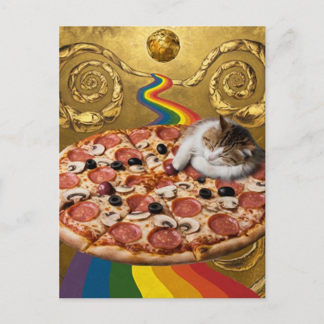 Surreal Cat on a Pizza Golden Background Postcard (Front)