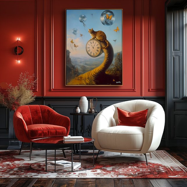 Surreal Cat on Clock with Butterflies – Surrealist Poster (Creator Uploaded)