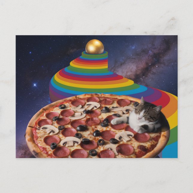 Surreal Cat Sleeping on a Pizza Postcard (Front)