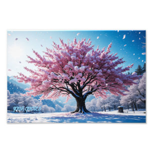 Surreal Cherry Blossom Tree in Snowy Landscape Photo Print