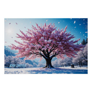 Surreal Cherry Blossom Tree in Snowy Landscape Poster