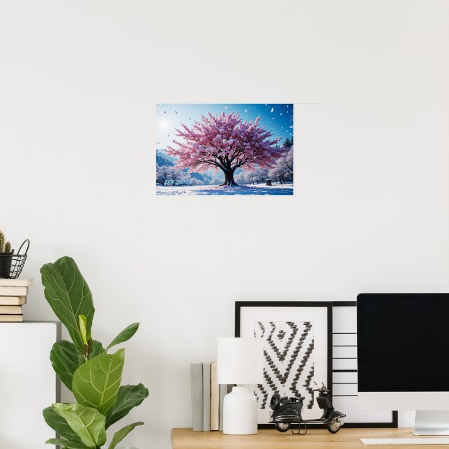 Surreal Cherry Blossom Tree in Snowy Landscape Poster (Home Office)