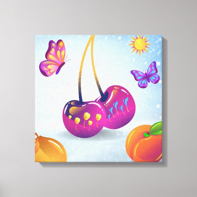 Surreal Cherry & Butterfly Stretched Canvas Print (Front)