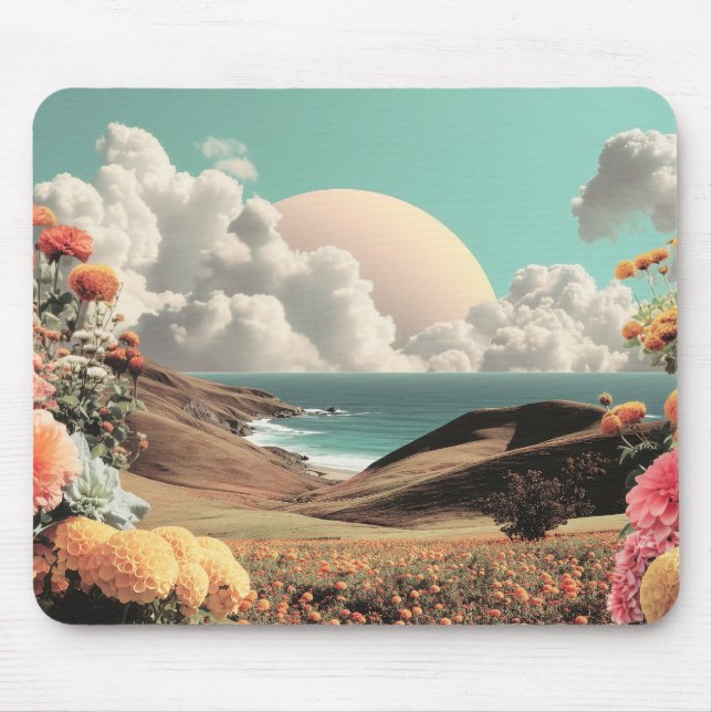 Surreal Coastal Landscape With Flowers And Clouds Mouse Mat (Front)
