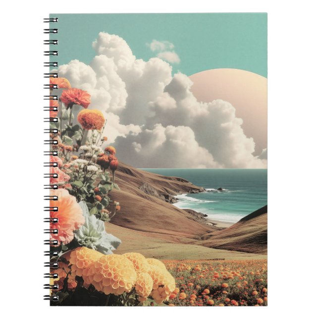 Surreal Coastal Landscape With Flowers And Clouds Notebook (Front)