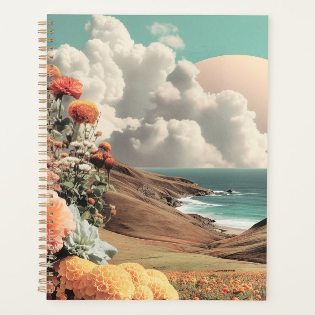 Surreal Coastal Landscape With Flowers And Clouds Planner (Front)