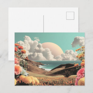 Surreal Coastal Landscape With Flowers And Clouds Postcard