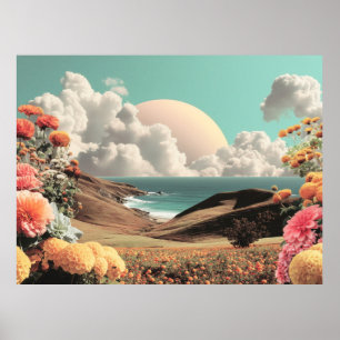 Surreal Coastal Landscape With Flowers And Clouds Poster