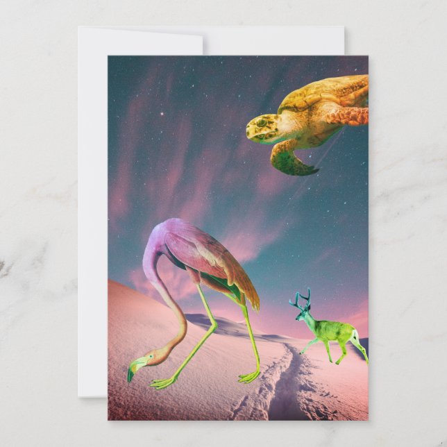 Surreal collage flamingo reindeer turtle holiday card (Front)