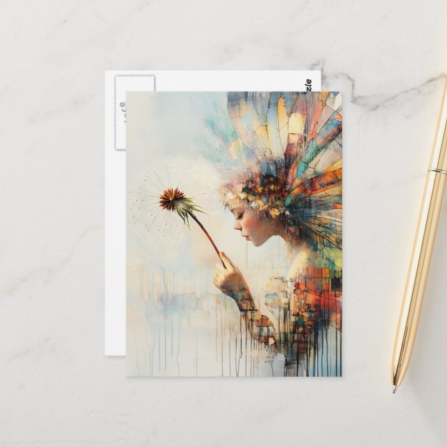Surreal Colorful Dandelion Fairy Postcard (Front/Back In Situ)
