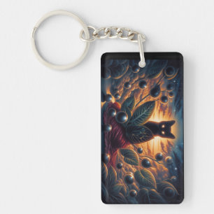 Surreal Cosmic Cat with Glowing Eyes and Stars Key Ring