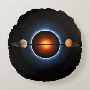 Surreal Cosmic Illustration Featuring Planets Round Cushion