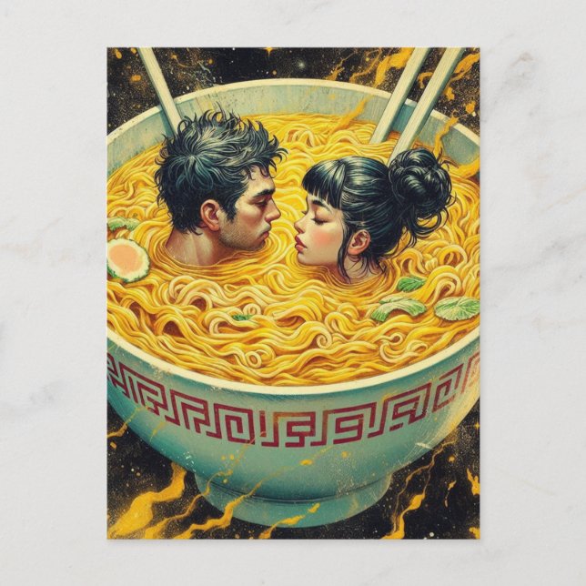 Surreal Couple Swims in a Bowl of Noodles Postcard (Front)