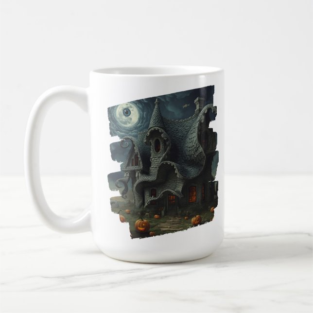Surreal Creepy Haunted House with Pumpkins & Moon Coffee Mug (Left)