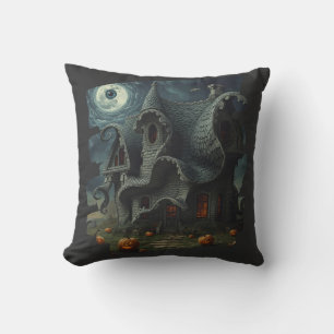 Surreal Creepy Haunted House with Pumpkins & Moon Cushion