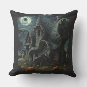 Surreal Creepy Haunted House with Pumpkins & Moon Cushion