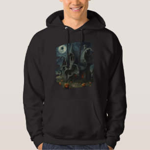 Surreal Creepy Haunted House with Pumpkins & Moon Hoodie