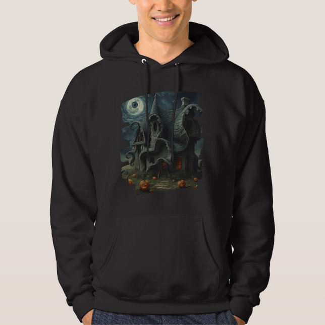 Surreal Creepy Haunted House with Pumpkins & Moon Hoodie (Front)