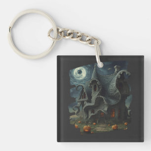 Surreal Creepy Haunted House with Pumpkins & Moon Key Ring