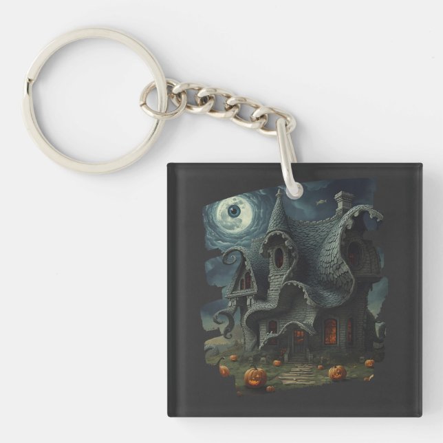 Surreal Creepy Haunted House with Pumpkins & Moon Key Ring (Front)