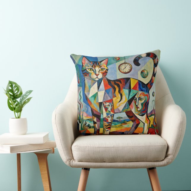 Surreal Cubist Style Cat Art Cushion (Chair)