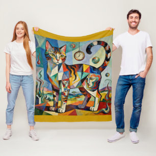 Surreal Cubist Style Cat Art Fleece Blanket