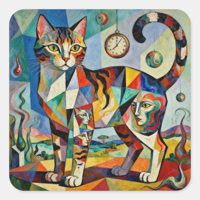Surreal Cubist Style Cat Art Square Sticker (Front)