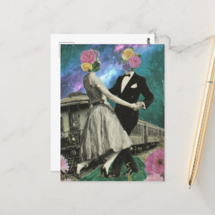 Surreal Dancing Flower People and a Train Postcard