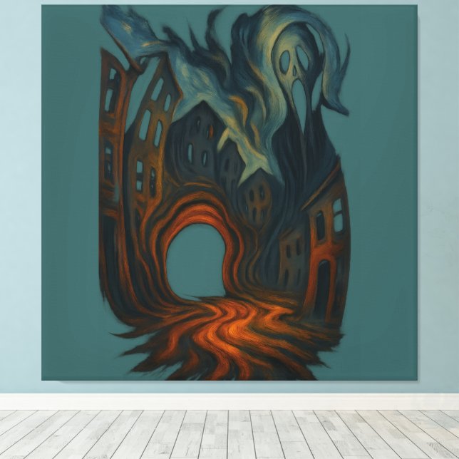 Surreal Dark Cityscape Art Ghostly Figure Painting Canvas Print (Insitu(Wood Floor))