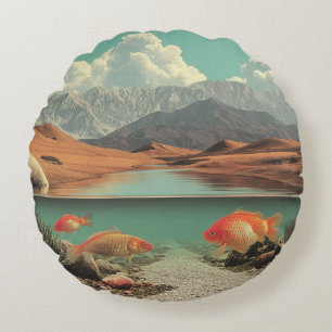 Surreal Desert and Lake with Goldfish Round Cushion